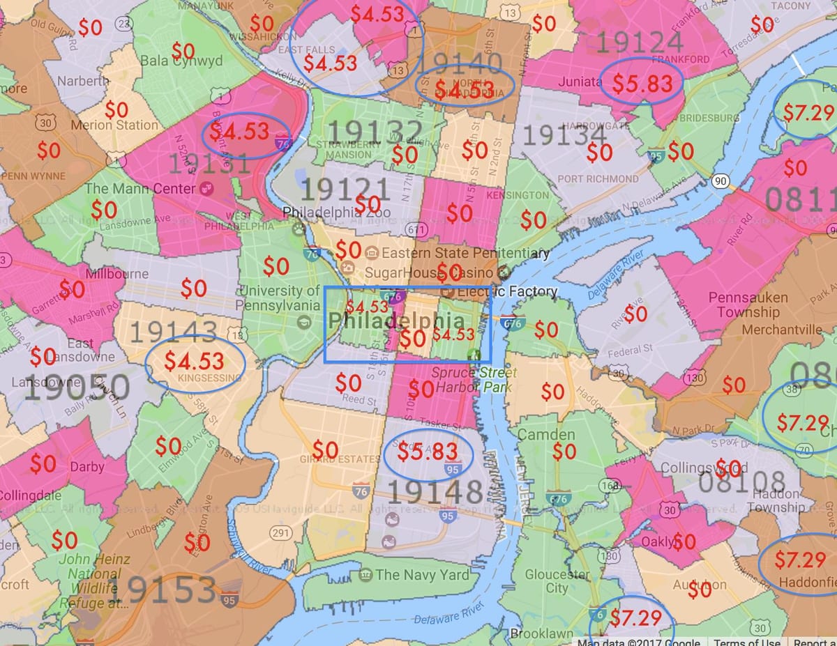 费城和周围地区的地图
