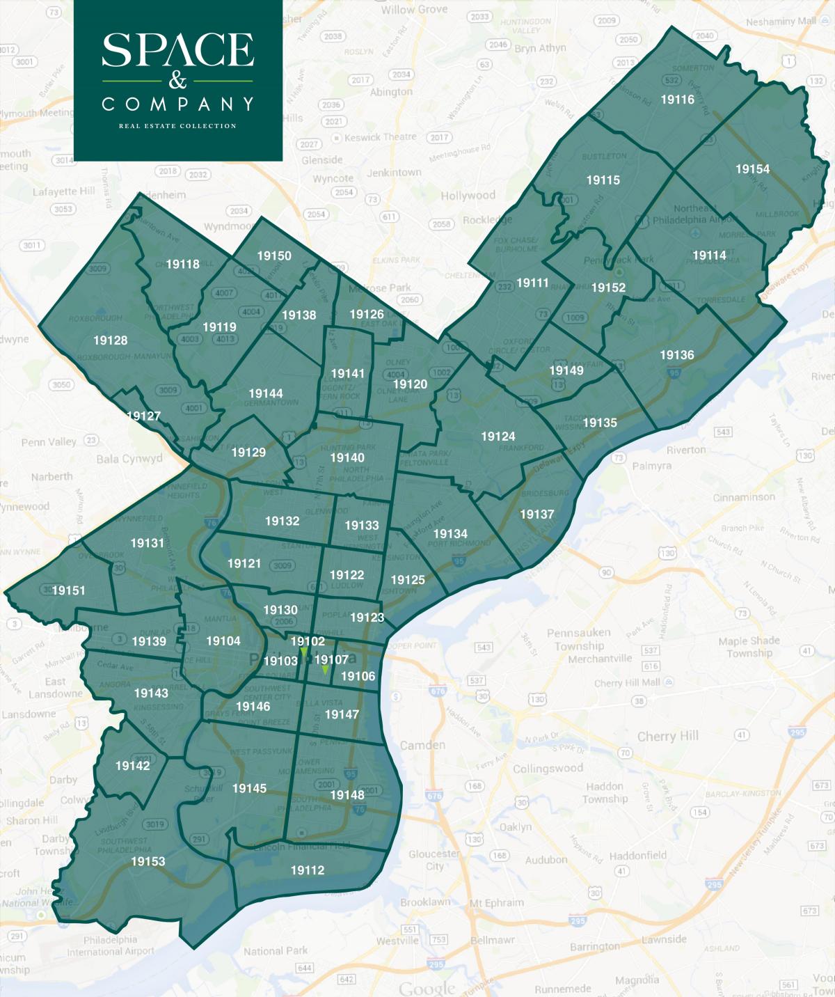 地图的中心城市费城的邮政编码